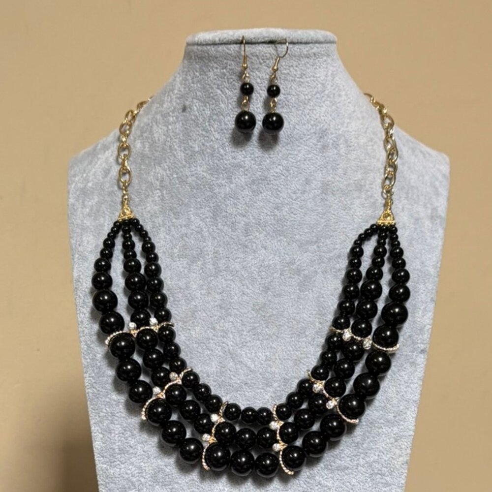 Three Layers Black Glass Bead Gradual Clear Crystal Gold Tone Link Necklace Set